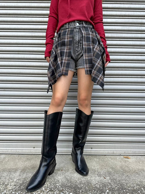 チェックシャツドッキングデニムショートパンツ